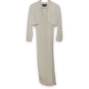 Pilar Rossi Coultre Evening Gown: DESCRIPTION: A "Pilar Rossi Coultre" evening gown. Features a champagne colored gown with pearl-like beaded embroidery and matching jacket top. Tag attached: "Pilar Rossi Coultre" CIRCA: 20th Cent. OR
