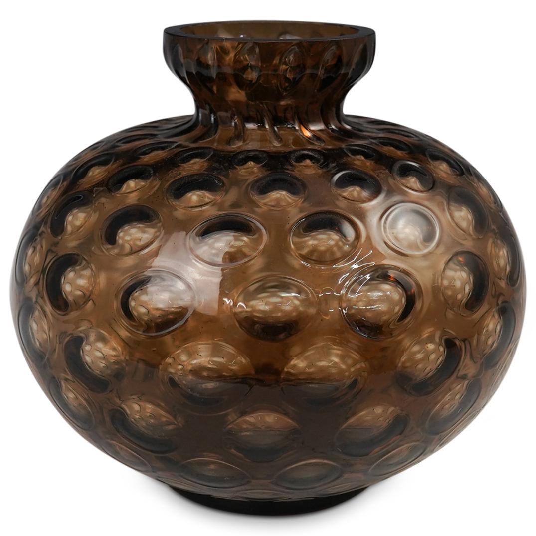Mid Century Art Glass Borske Sklo Vase: DESCRIPTION: Vintage BORSKE SKLO Smoky quartz Optic Dot Mid Century modern round glass vase. Marked " Made in Czechoslovakia" at the bottom. CIRCA: Mid 20th Century ORIGIN: Czech Republic DIMENSIONS: 