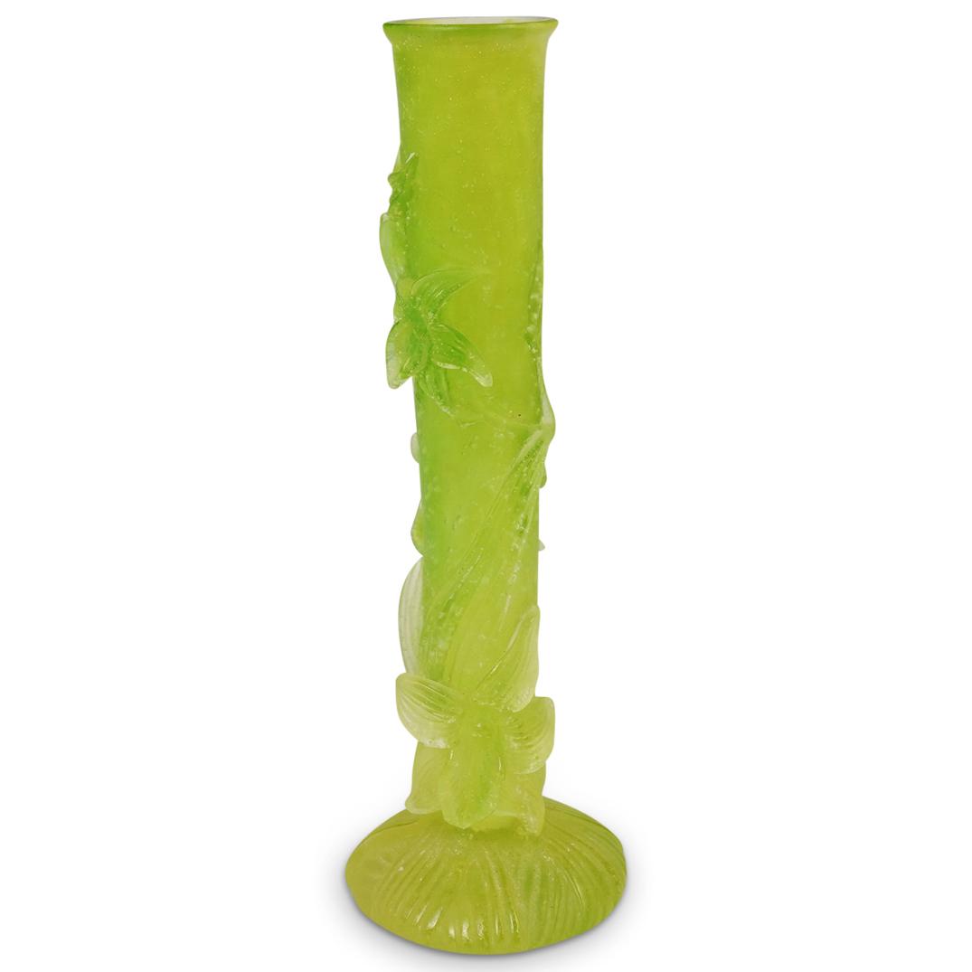 Daum Pate De Verre Orchid Bud Vase: DESCRIPTION: Daum Pate De Verre green orchid floral decorated bud vase. Etched "Daum France" CIRCA: 20th Cent. ORIGIN: France DIMENSIONS: H: 6" x D: 2" CONDITION: Great condition. See lot description 