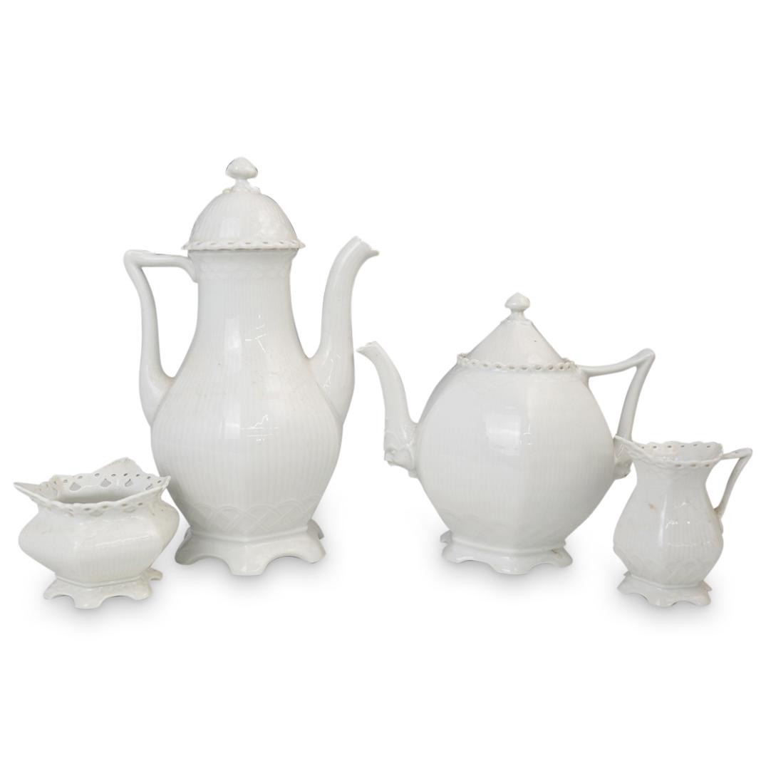 Royal Copenhagen "White Full Lace" Tea/Coffee Set: DESCRIPTION: Royal Copenhagen "White Full Lace" Tea/Coffee Set features a white base color with linear designs, figural handles and reticulated rim. Composed of: - 1 Teapot H:8" W:8.5" (Handle include