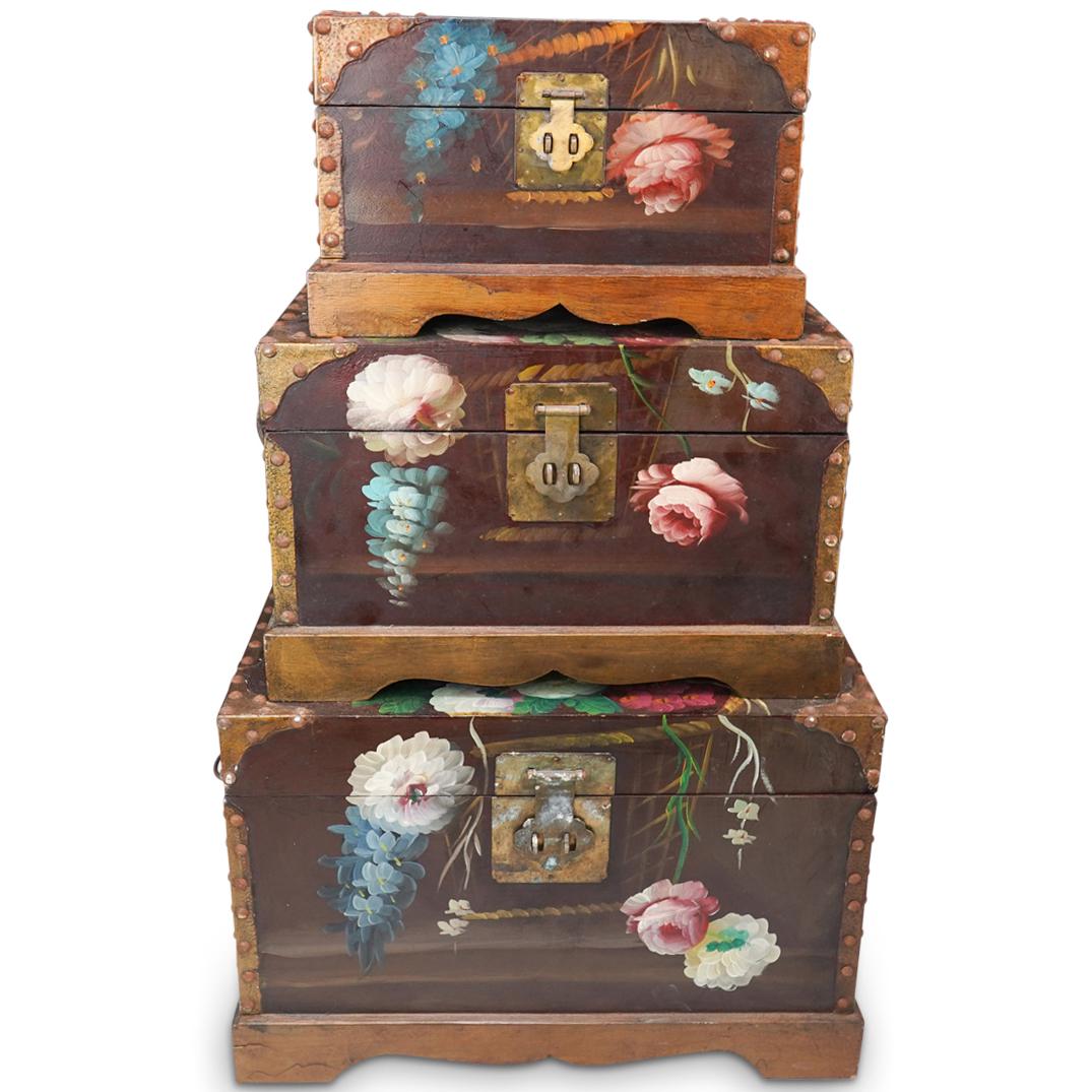 (3 Pc) Hand Painted Floral Wood and Brass Chests (1 of 9)