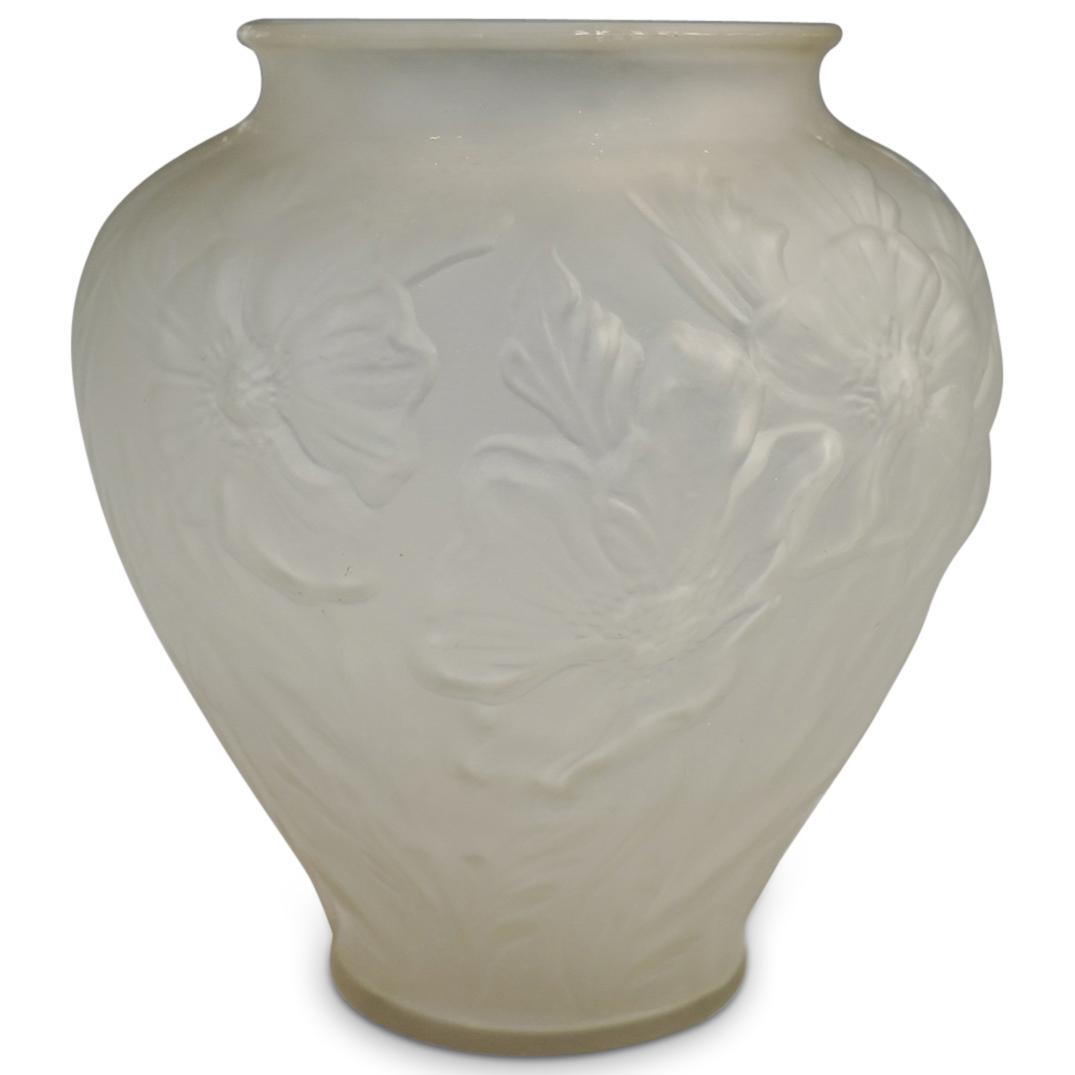 Vintage Relief Frosted Glass Vase: DESCRIPTION: A Vintage Relief Frosted Glass Vase depicting floral design.The vase features combination of flowers and leaves in a naturalistic manner. CIRCA: 20th Century ORIGIN: Czech Republic DIMENS