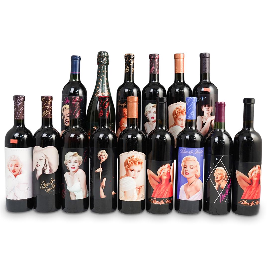 (15 Pc) Marilyn Monroe Wine Lot: DESCRIPTION: (15 Pc) Marilyn Monroe wine collection composed of (15) bottles of Merlot and one Sparkling Wine (1992, 1995, 1997, 1988, 1989, 1996, 1998, 1999, 2000, 2001, 2002, 2007) ORIGIN: USA DIMEN