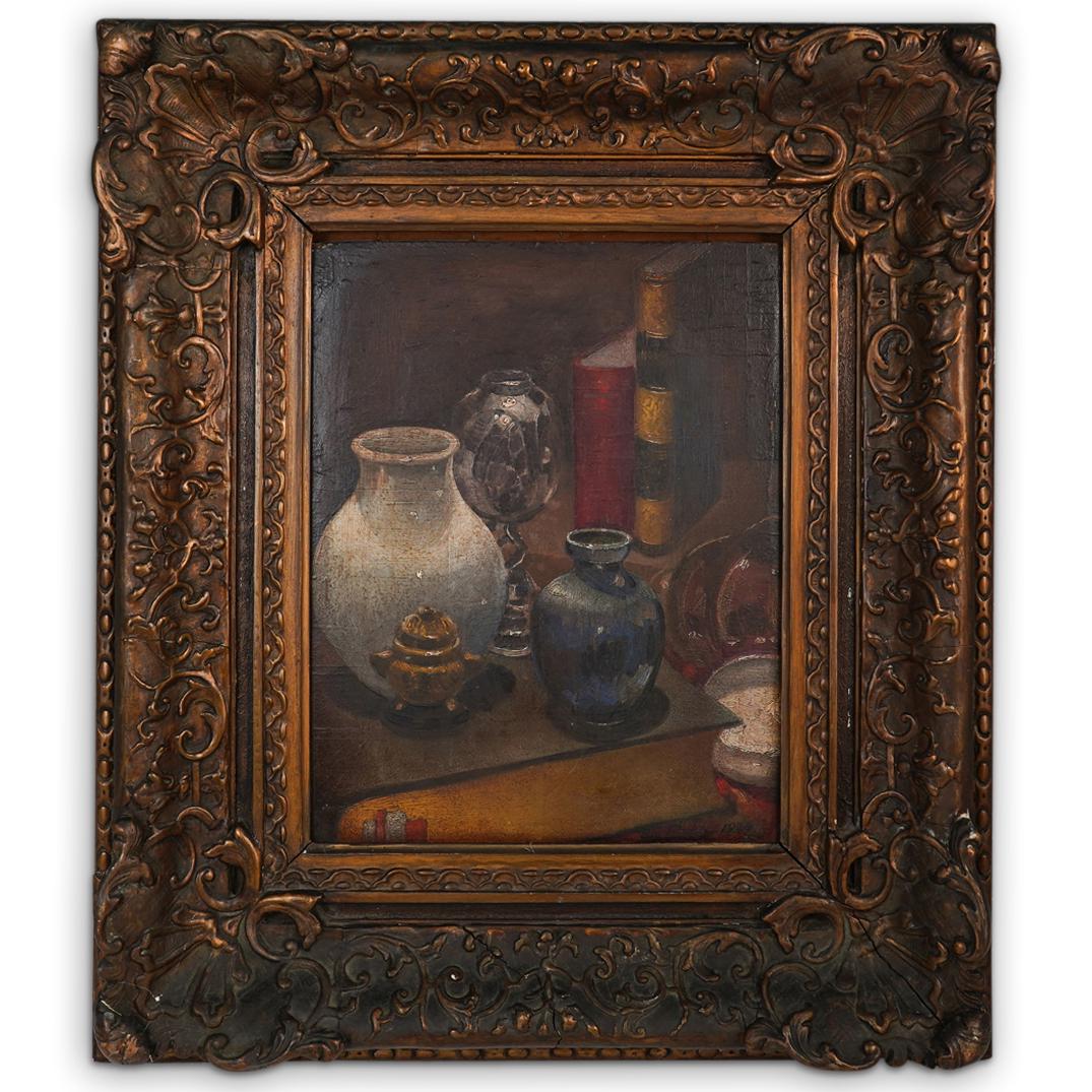 Oil On Board Still Life Painting: DESCRIPTION: An oil on board still life scene featuring multiple vessels staged atop novels. Signed "Da Rocha 1934" mounted in an ornate plaster frame. CIRCA: 19th Cent. ORIGIN: Unknown DIMENSIONS: (F