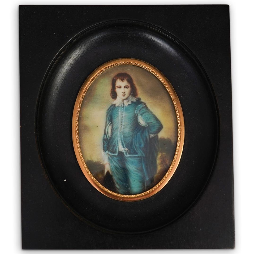 After "The Blue Boy" Miniature Portrait: DESCRIPTION: Hand Painted Miniature Portrait Plaque after "The Blue Boy" by Thomas Gainsborough CIRCA: 19th Century. ORIGIN: England DIMENSIONS: Framed H: 5 3/4" W: 5" CONDITION: Great condition. See 