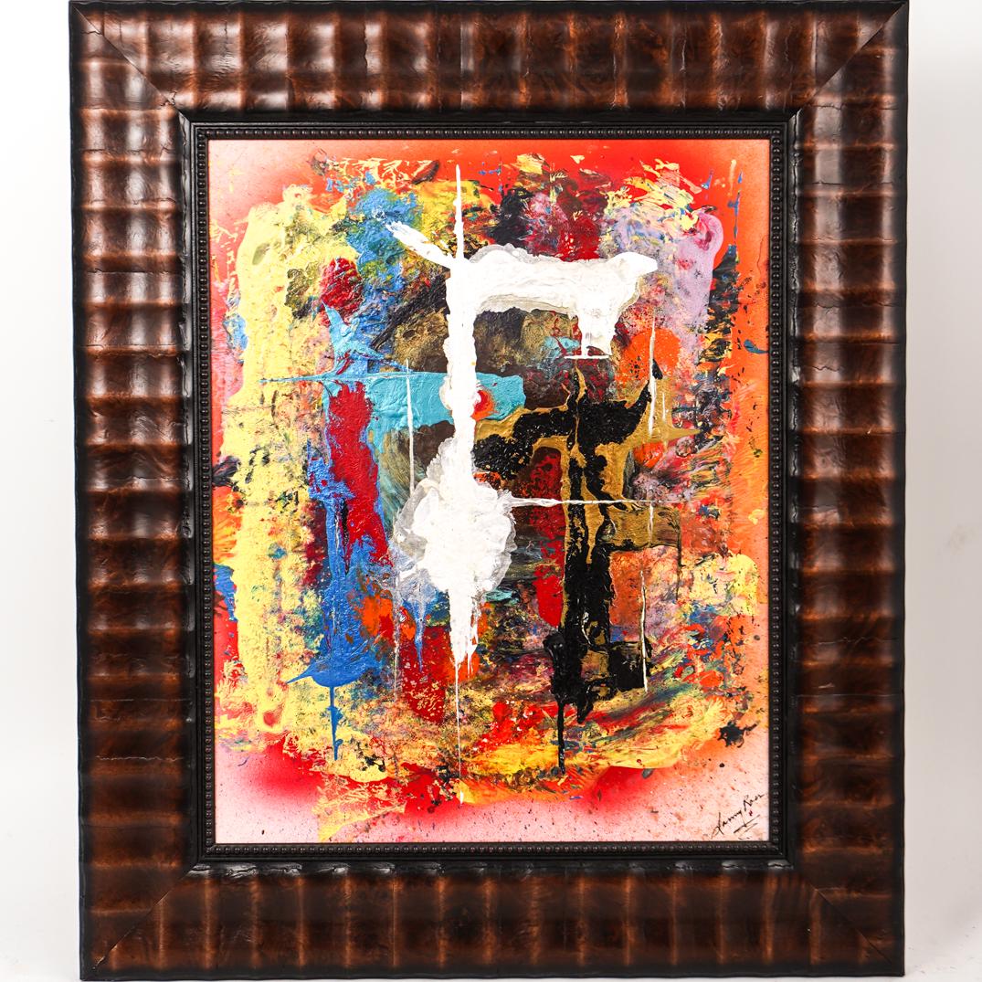 Signed Mixed Media on Cardboard: DESCRIPTION: A mixed media painting on cardboard depicting an abstract composition in various colors. Possibly lower right indistinctly "Samy Roer" Framed. CIRCA: 20th Century ORIGIN: DIMENSIONS: H. 1