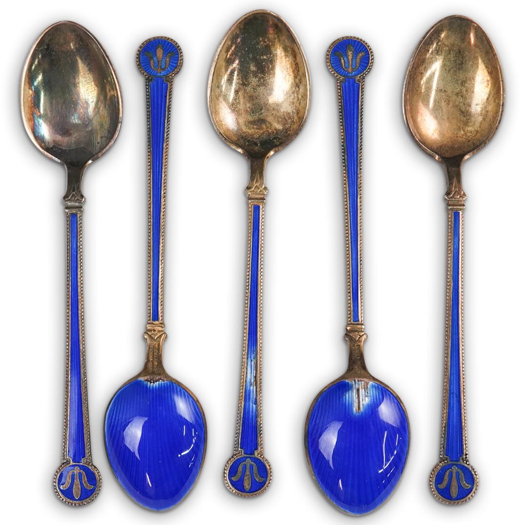 (5 Pc) Victorian Enameled Silver Spoons (1 of 3)