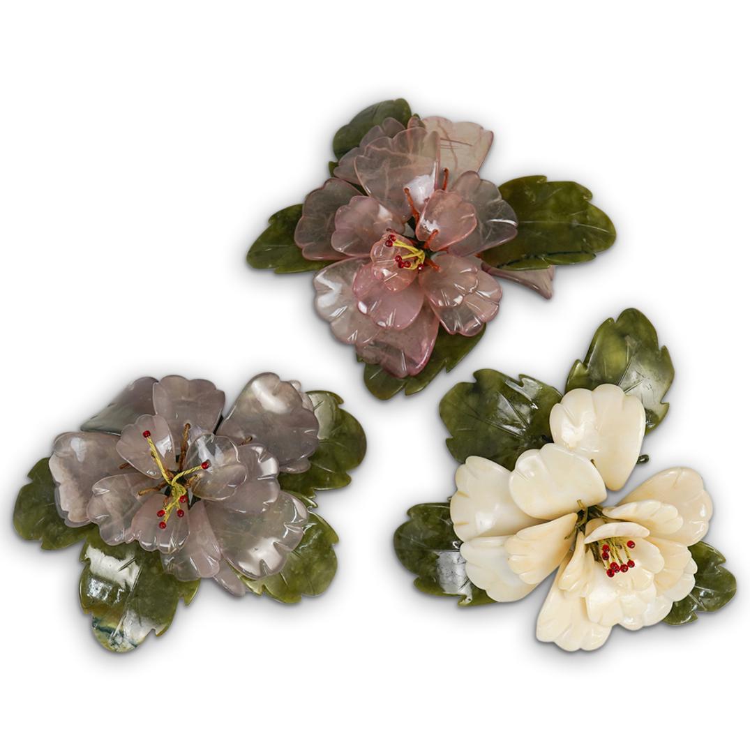 (3 Pc) Semi Precious Stone Floral Carvings (1 of 3)