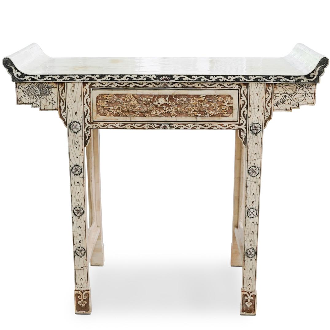 Oriental Bone Veneer Altar Table: DESCRIPTION: An Oriental Bone Altar table composed of bone segment veneers along the legs, bottom skirts and bordering top. the sides and legs are embellished with carved floral vine and medallion mot