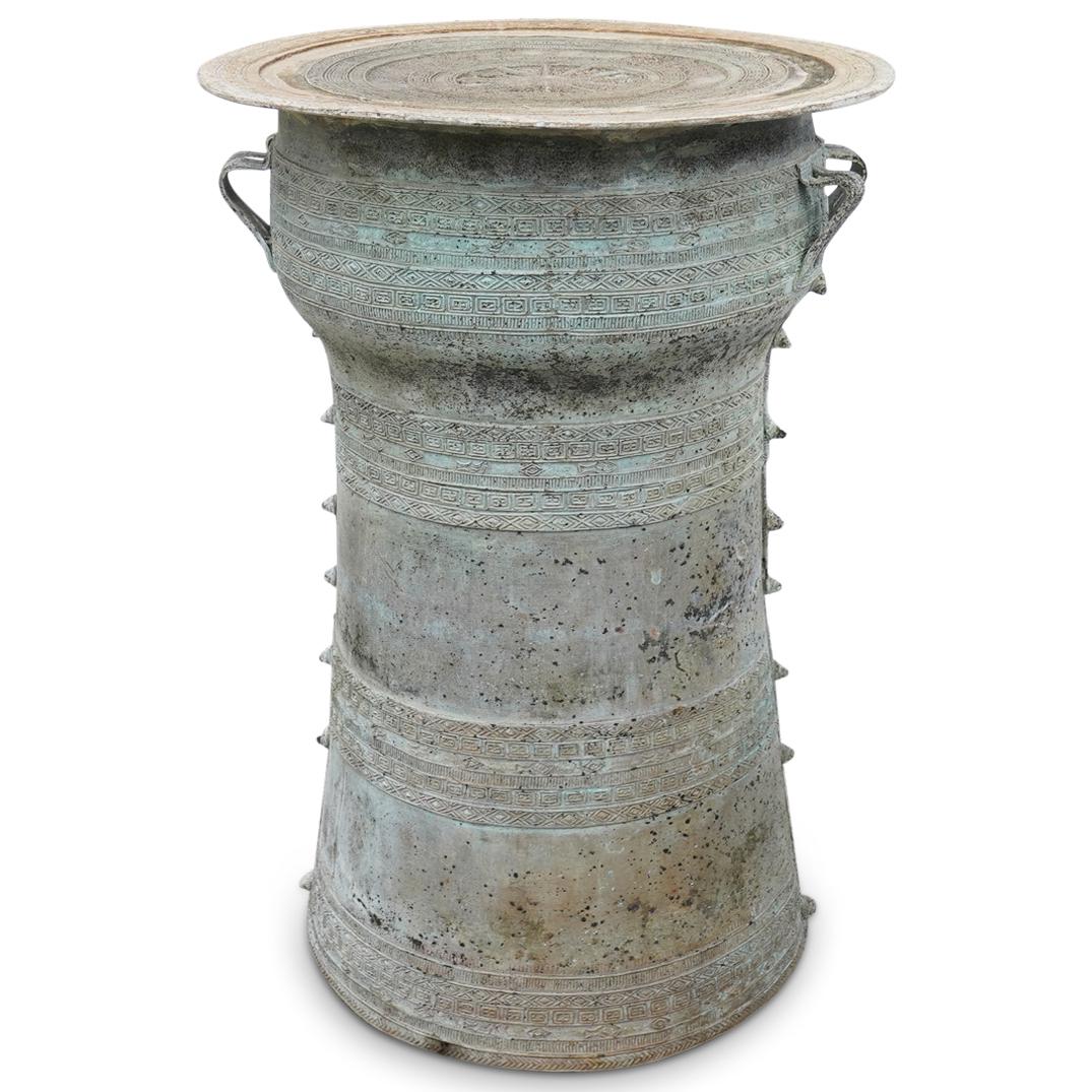 Antique Asian Rain Drum: DESCRIPTION: An Asian rain drum composed of cast iron with natural weathered patina and pattern designs throughout. CIRCA: Unknown ORIGIN: Asia DIMENSIONS: H: 19" x D: 13" CONDITION: Great condition,