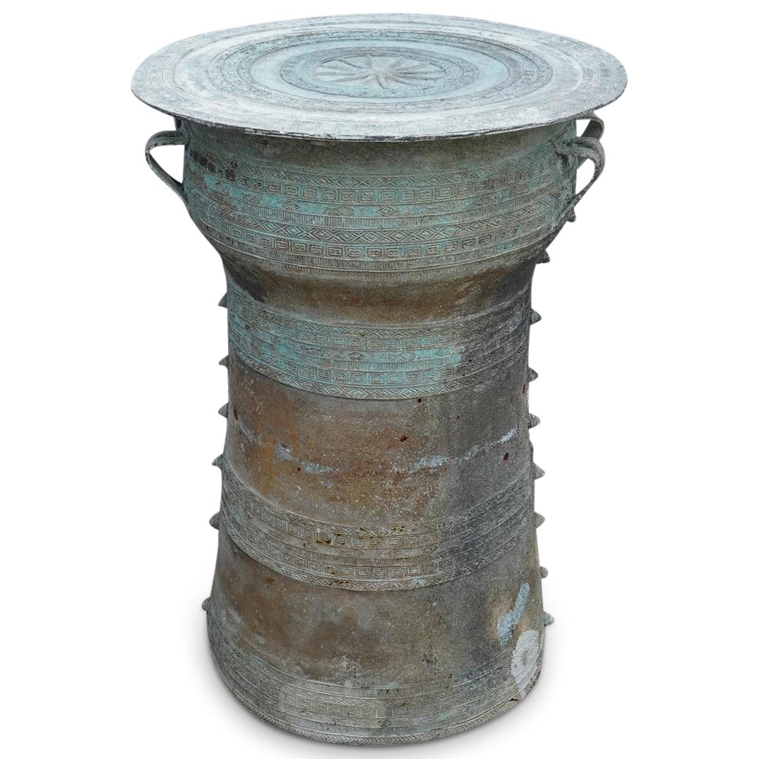 Antique Asian Rain Drum: DESCRIPTION: An Asian rain drum composed of cast iron with natural weathered patina and pattern designs throughout. CIRCA: Unknown ORIGIN: Asia DIMENSIONS: H: 19" x D: 13" CONDITION: Great condition,