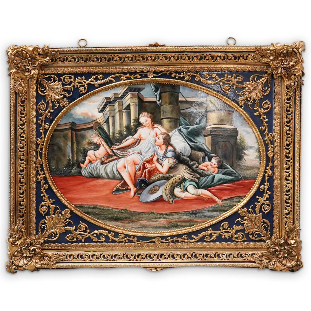 KPM Bronze Framed Porcelain Plaque: DESCRIPTION: A Finely casted Gilt bronze frame decorated with floral vine motifs and baroque decorations. Further featuring a cobalt blue ground color, centered by a hand painted oval porcelain plaque