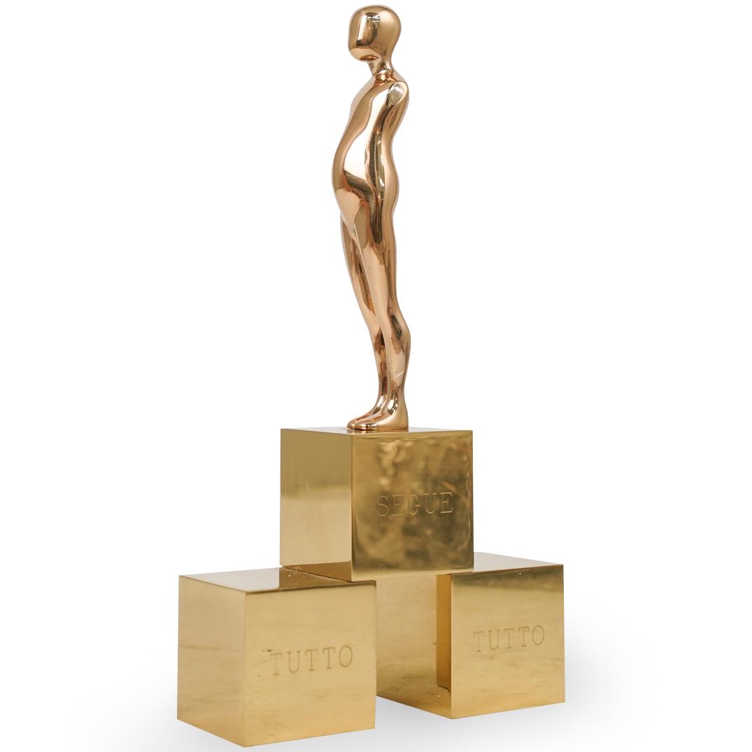 Ernest Trova (American, 1927-2009) "Everything Follows": DESCRIPTION: An Artist Proof sculpture by American surrealist Ernest Trova titled "Everything follows everything" composed of a polished bronze in gilded tones. Engraved with Trova mark, Numbered "AP