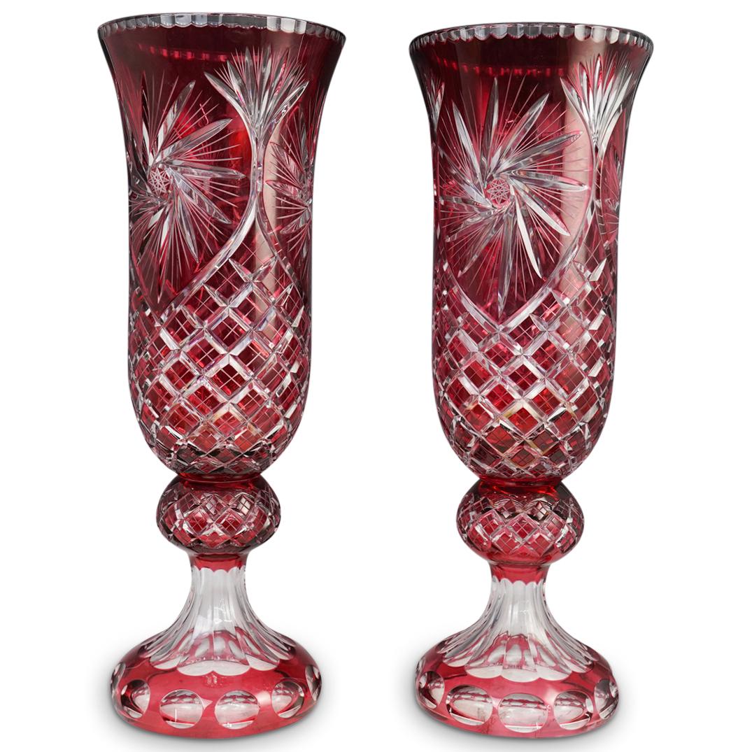 Pair Of Ruby Red Crystal Cut Vases (1 of 6)
