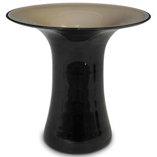 Luciano Vistosi Glass Vase: DESCRIPTION: Luciano Vistosi glass vase with black and grey color tones. Signed "Vistosi" underneath. CIRCA: 20th Cent. ORIGIN: Italy DIMENSIONS: H: 8" x D: 8.5" CONDITION: Great condition. See lot de