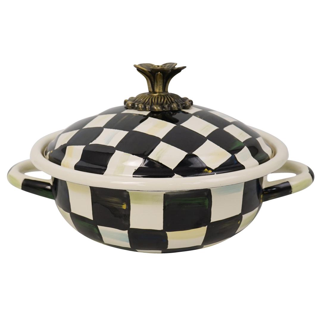 MacKenzie-Childs Courtly Check Enamel Small Tureen: DESCRIPTION: Features Heavy-gauge, hand-glazed steel underbody with hand-painted Courtly Checks, a bronzed stainless-steel rim, and topped off with a floral decoration on the lid.Marked on the bottom 