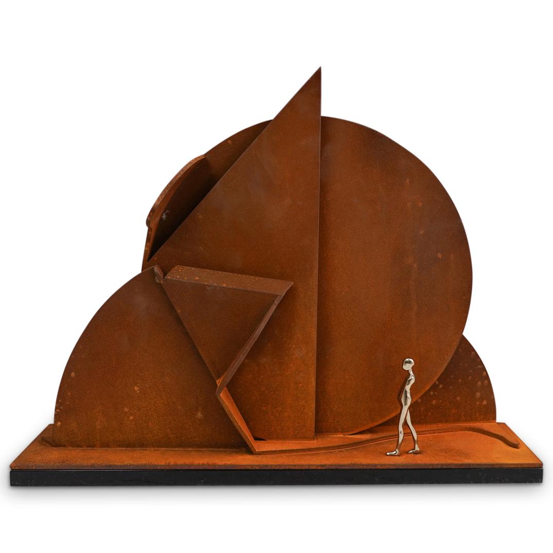 Ernest Trova (American, 1927-2009) "Profile Canto": DESCRIPTION:A sculpture by American surrealist Ernest Trova titled "Profile Canto" edition 2 of 125 plus proofs, composed of painted corten steel with a bronze figure. Engraved with Trova mark and sig