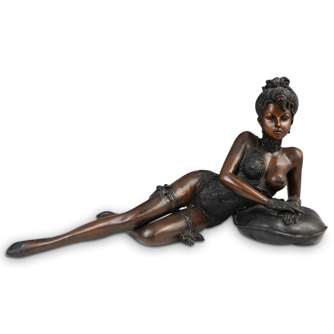 Erotic Semi Nude Bronze: DESCRIPTION: European Exotic Woman in Lingerie Large Bronze. The bronze features a semi dressed female, wearing a beautifully intricate lingerie, lace stockings and lace gloves. She is reclining over 