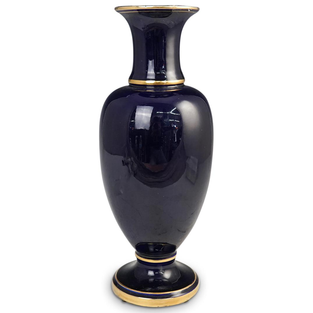 Vintage Cobalt Blue and Gilt Vase: DESCRIPTION: A Vintage porcelain vase decorated in a cobalt blue color, further accented with gilt trims. Marked along the bottom "Made In Czech Slovenia" CIRCA: 20th Cent. ORIGIN: Czech DIMENSIONS: H