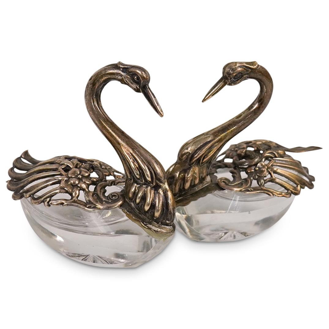 (2 Pc) Silver Glass Swan Salt and Pepper Holders (1 of 6)