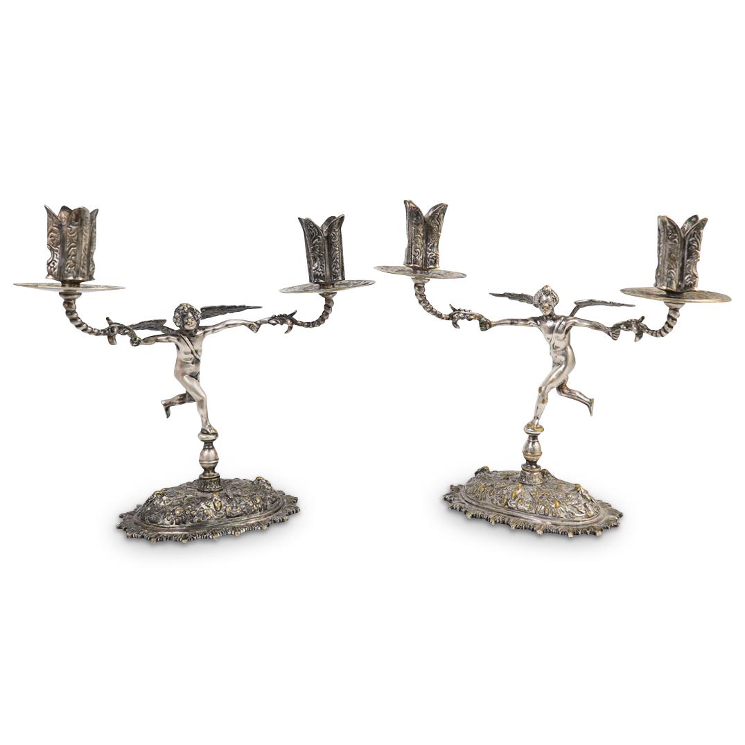 Antique Silver Bronze Cherub Torchlights Candelabras (1 of 5)