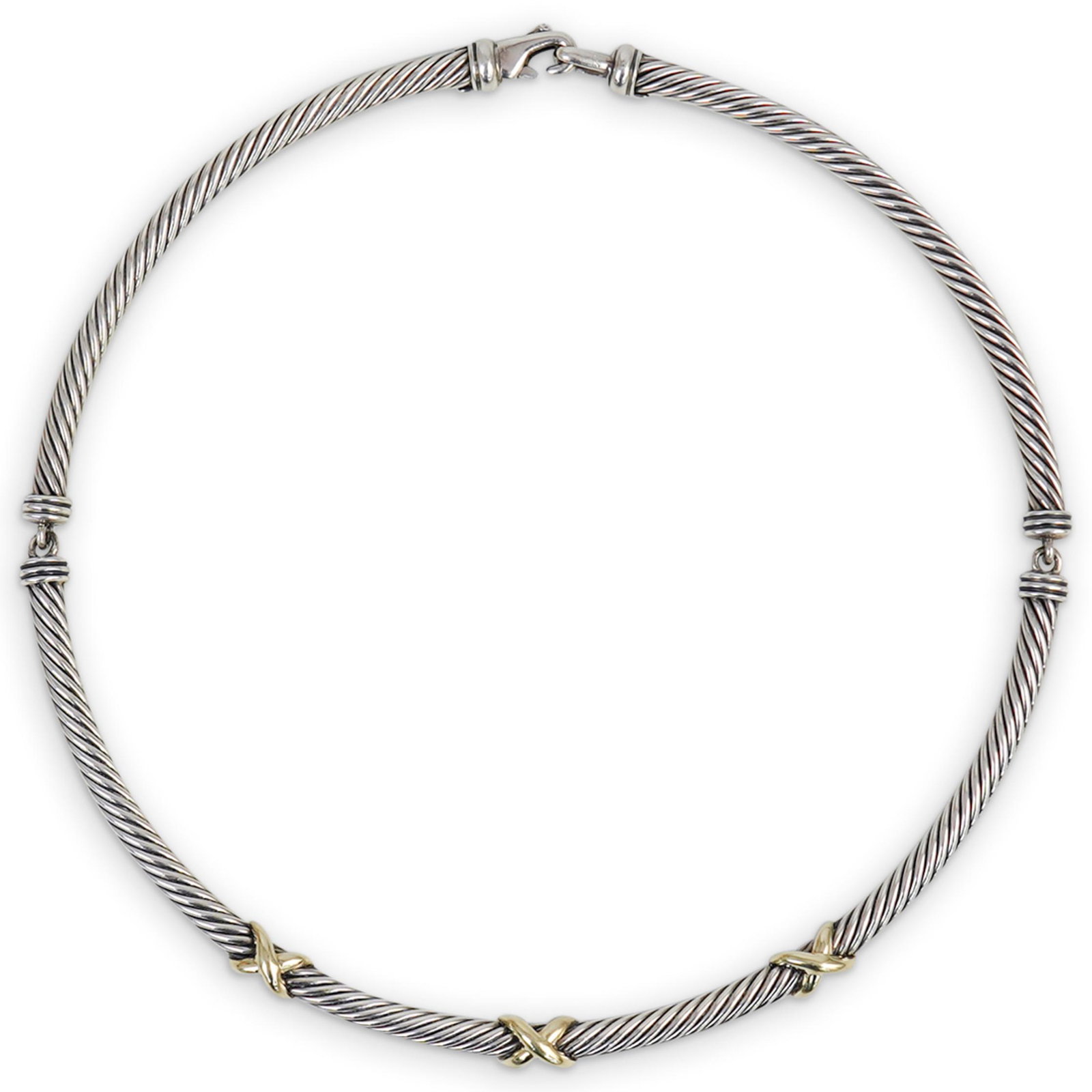 David Yurman Sterling & 14K Choker: DESCRIPTION: A David Yurman sterling and 14K silver choker with "x" style designs. Marked "David Yurman, 585, 925" CIRCA: 20th Cent. ORIGIN: USA DIMENSIONS: (Closed) D: 5.5" Total Weight: 74 Grams CON