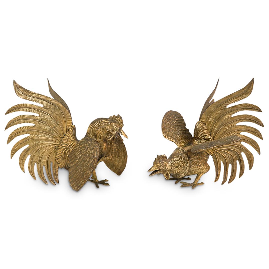 Pair Of Antiques French Brass Fighting Roosters (1 of 7)