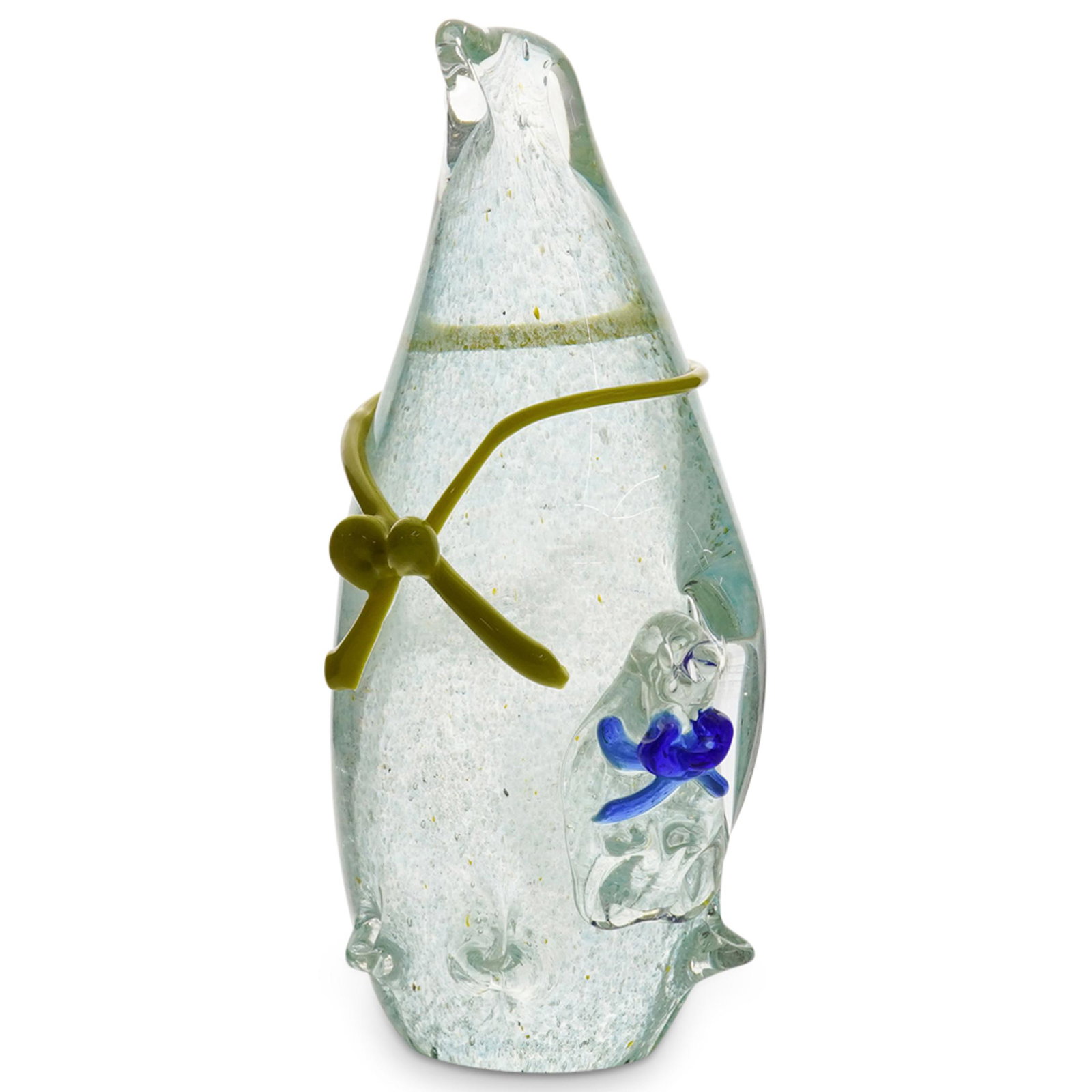 Murano Glass Penguin: DESCRIPTION: A Murano blown glass penguin with overall clear frosted tones and yellow and blue colored accents. CIRCA: 20th Cent. ORIGIN: Italy DIMENSIONS: H: 9.5" x D: 5.5" CONDITION: Great condition