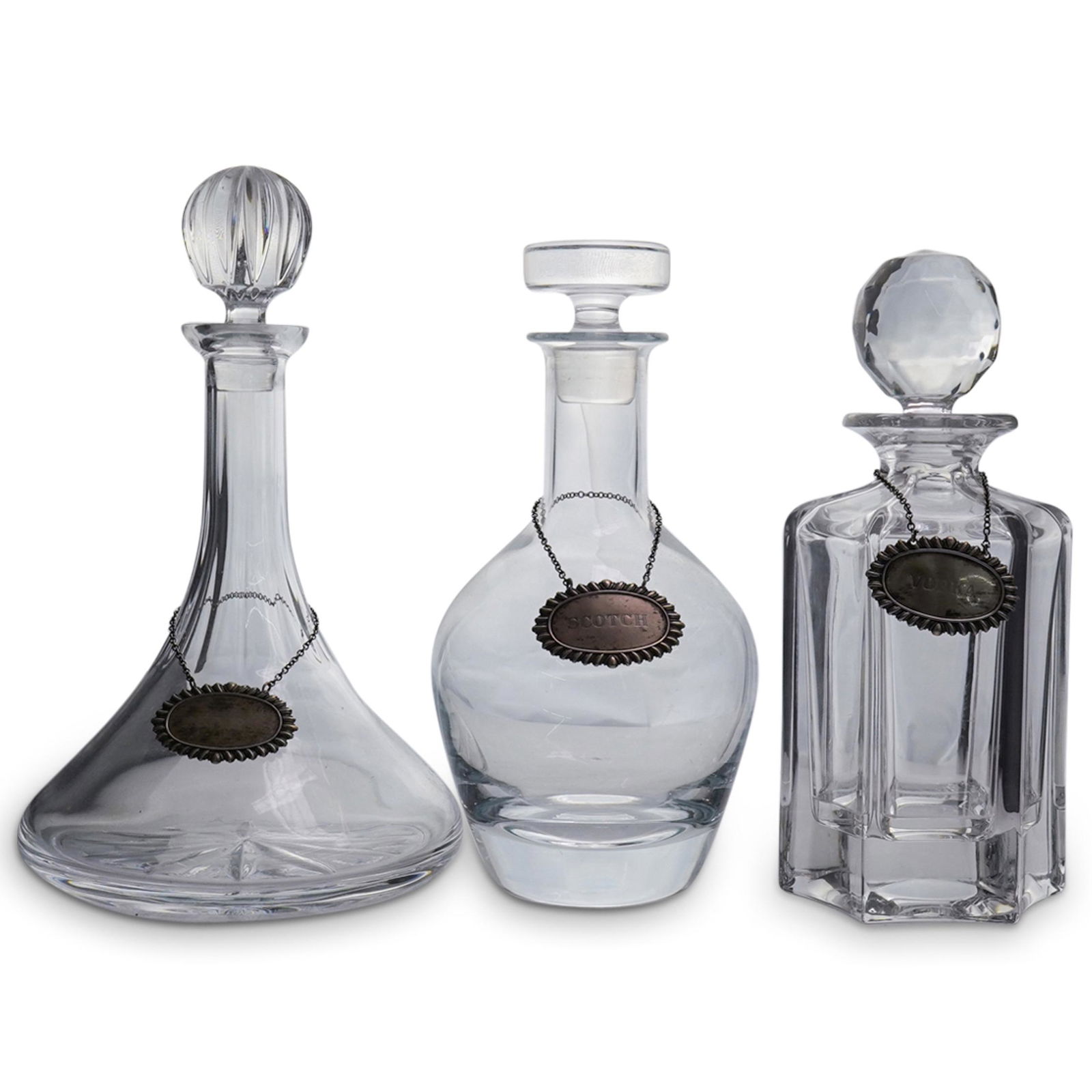 (3 Pc) Crystal Decanters with Sterling Liquor Labels (1 of 6)