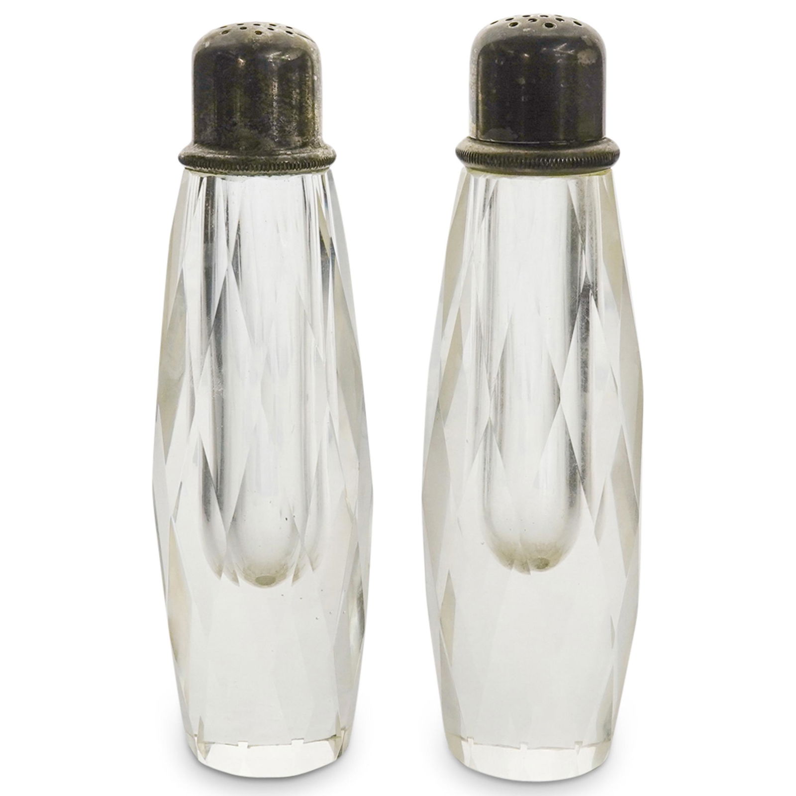 Large Crystal Glass Salt and Pepper Shakers: DESCRIPTION: Faceted Heavy Crystal Glass Salt and Pepper shakers with silver tops. CIRCA: Early 20th Century ORIGIN: Europe DIMENSIONS: H: 7 7/8" W: 2 1/4" CONDITION: Antique condition. One topper can