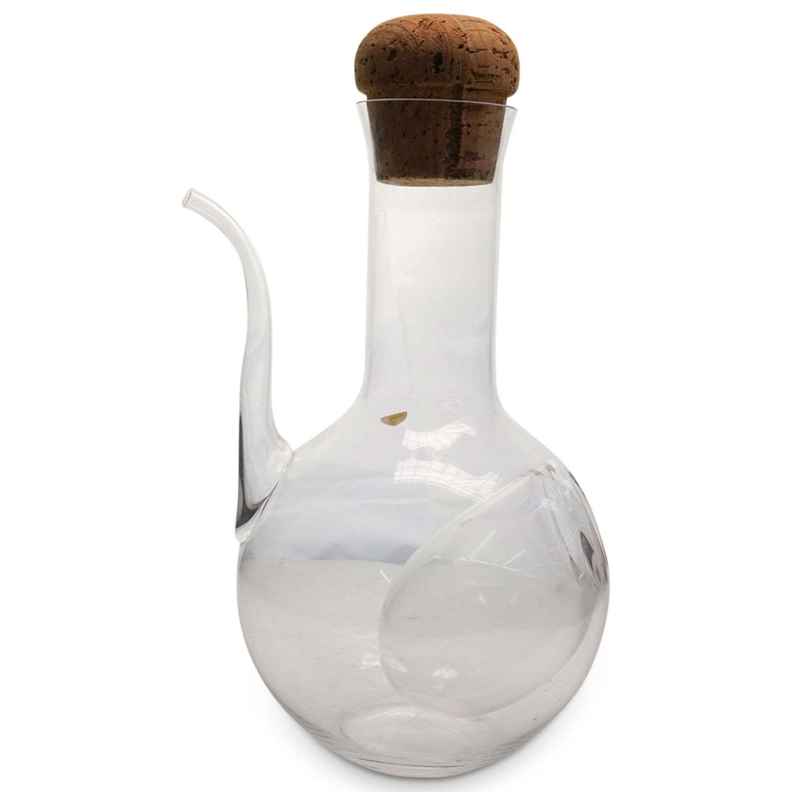 Rare Orrefors Glass Decanter w/ Cork Stopper: DESCRIPTION: Orrefors glass decanter with cork stopper. Original design with inverse ice incision. Object design exhibiting at Cooper Hewitt Museum - New York. CIRCA: 20th Century ORIGIN: Sweden DIMEN