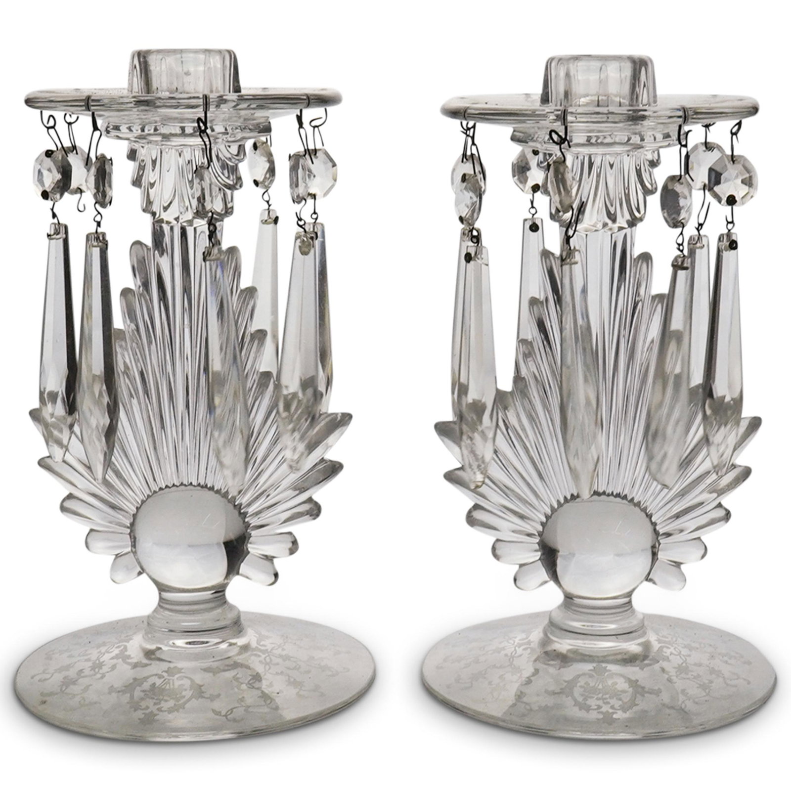 Fostoria Navarre Glass Candlesticks: DESCRIPTION: A Pair of Navarre Clear Single Glass Candlestick with eight prims by Fostoria. Bottom Base is beautifully etched with Navarre antique baroque garland design. CIRCA: 20th Century ORIGIN: U