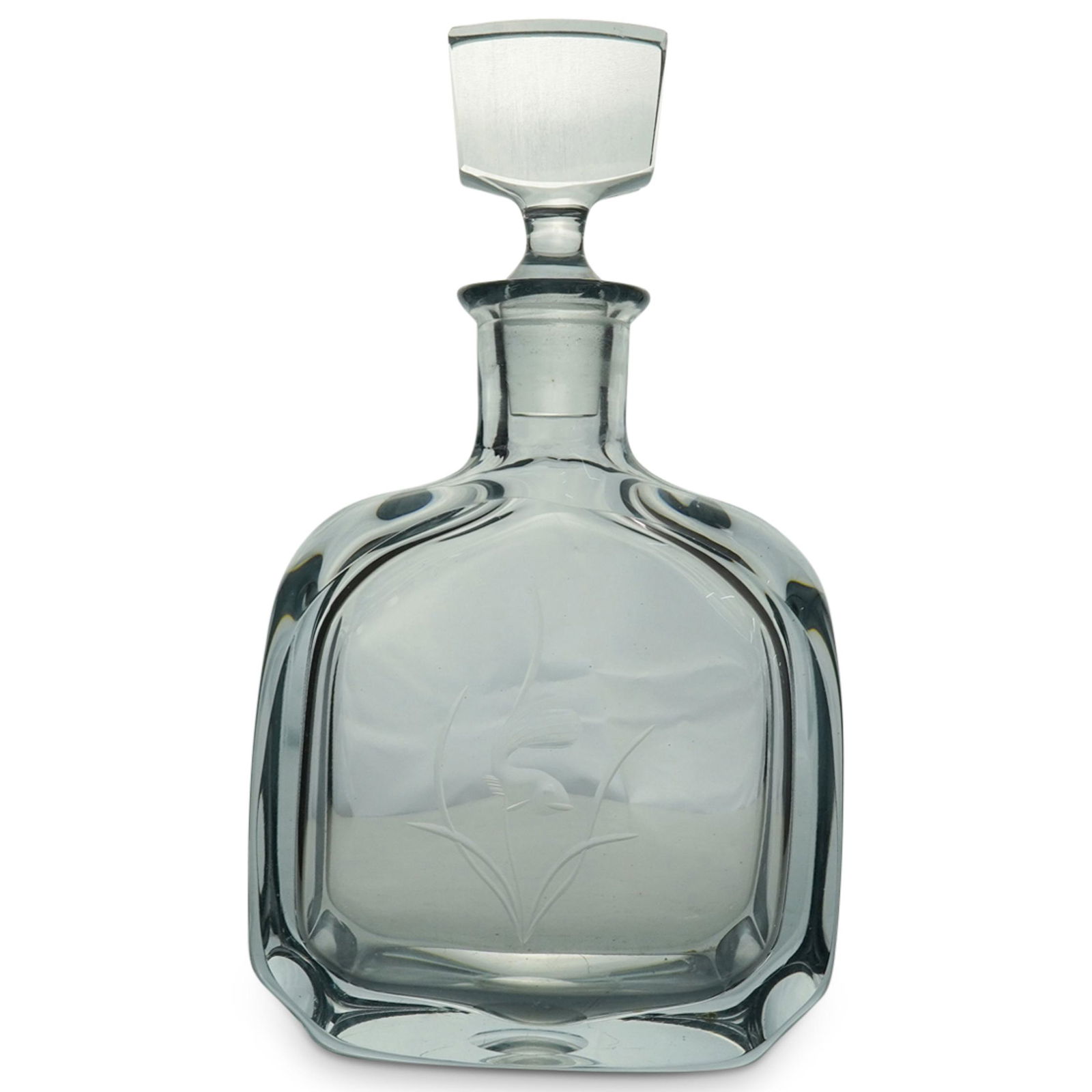 Etched Glass Decanter: DESCRIPTION: Mid Century high quality decanter in art crystal clear glass, designed with superior craftsmanship. Hand blown with etched decoration of underwater fish. Signed and numbered on bottom. CI