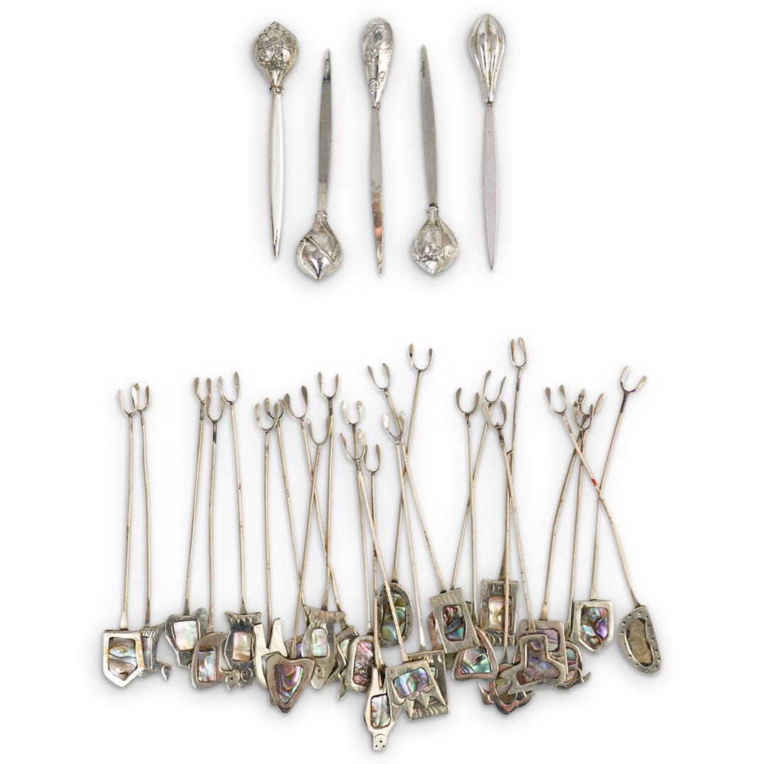 (30) Sterling and Inlaid Shell Olive Picks (1 of 6)
