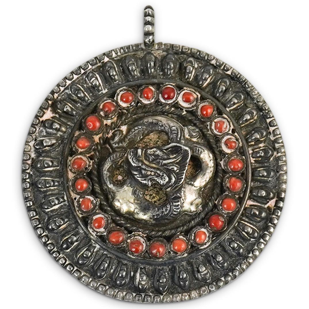 Antique Tibetan Silver and Red Coral Dragon Pendant (1 of 2)