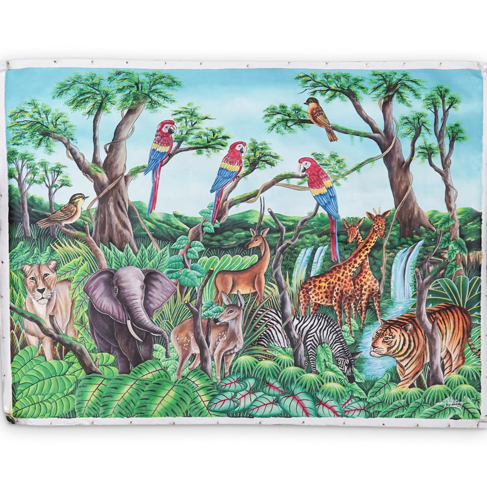Gary William Acrylic On Canvas: DESCRIPTION: Gary William acrylic on canvas painting. Features a vibrant jungle scene with naturalistic animals and accenting vegetation throughout. Signed bottom right "Gary William" CIRCA: 20th Cent