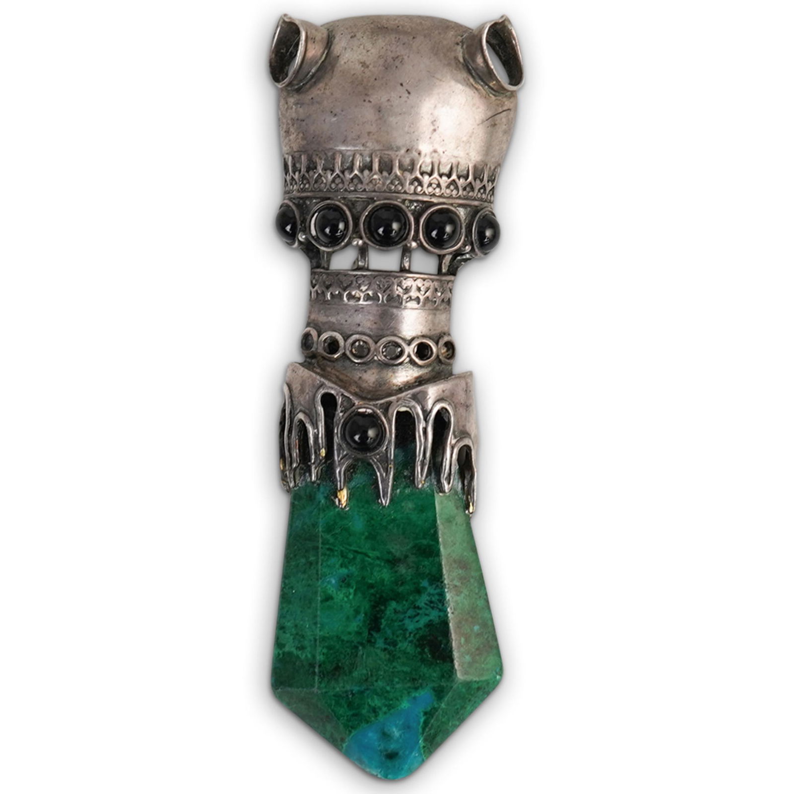 "Poran" Sterling Malachite Pendant: DESCRIPTION: A "Poran" artist made sterling silver pendant with malachite prism and polished onyx accents. Marked "Poran" inside. CIRCA: 20th Cent. ORIGIN: Unknown DIMENSIONS: W: 1.25" x L: 4" Total W