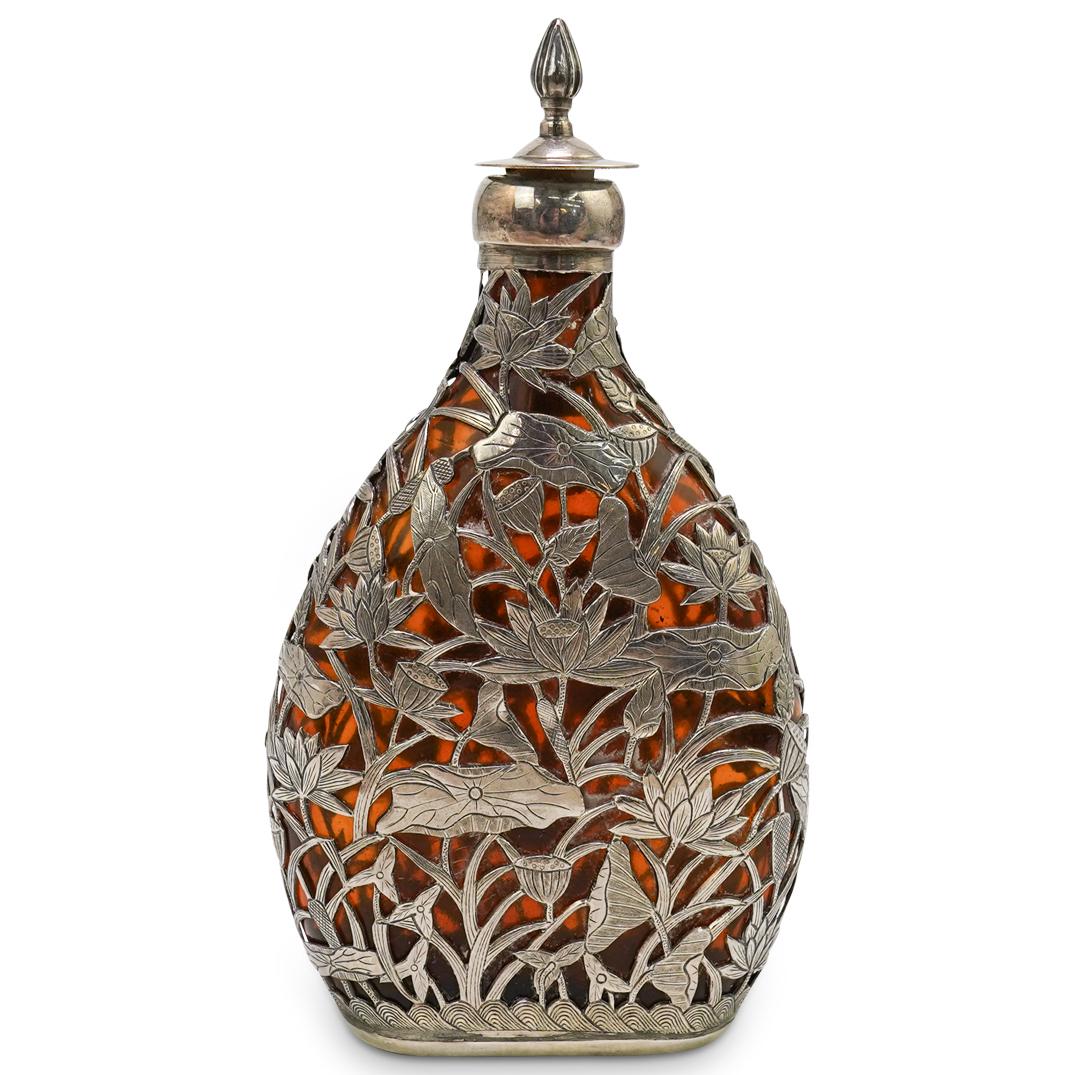 Japanese Sterling Silver & Amber Glass Flask (1 of 3)