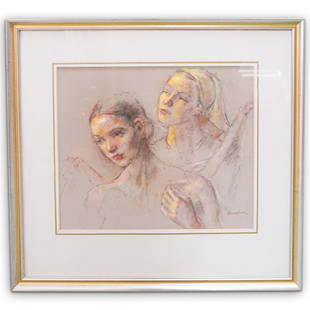 Robert Brackman (American, 1898-1980) Pastel on Paper: DESCRIPTION: Robert Brackman (American, 1898-1980) Pastel on Paper. Depicting two female figures. Signed " Brackman" lower right. Finished with silver gilt wood frame. CIRCA: 20th Ct ORIGIN: USA