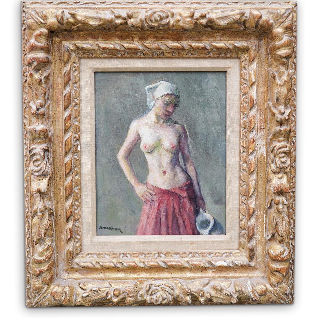 Robert Brackman (American, 1898-1980) " Figure Study": DESCRIPTION: Robert Brackman (American, 1898-1980) " Figure Study" Oil on Canvas. Depicting a semi-nude female in a red skirt holding a pitcher. Signed lower left "Brackman" and signed by the artist o
