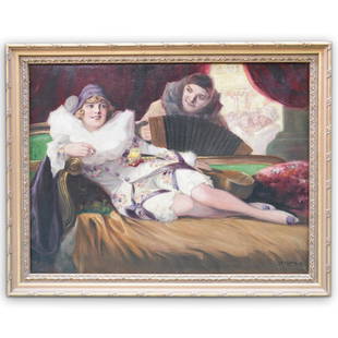 Richard Geiger (Austrian, 1870-1945) Oil on Canvas: DESCRIPTION: Richard Geiger (Austrian, 1870-1945) Oil on Canvas. Features a reclining woman holding a cigarette being entertained by a suitor. Signed lower right "Geiger. R" CIRCA: 19th/20th Ct ORIGIN