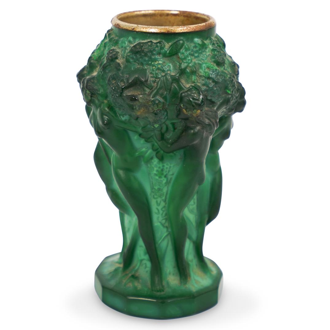 Art Deco Malachite Glass Nymph Vase: DESCRIPTION: An Art Deco Malachite vase decorated along the body with nude nymphs, completed along the interior with a shallow metal bowl. CIRCA: Early-Mid 20th Cent. ORIGIN: France DIMENSIONS: H: 5.2