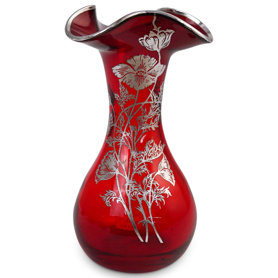 Sterling Overlay Ruby Glass Vase (1 of 3)