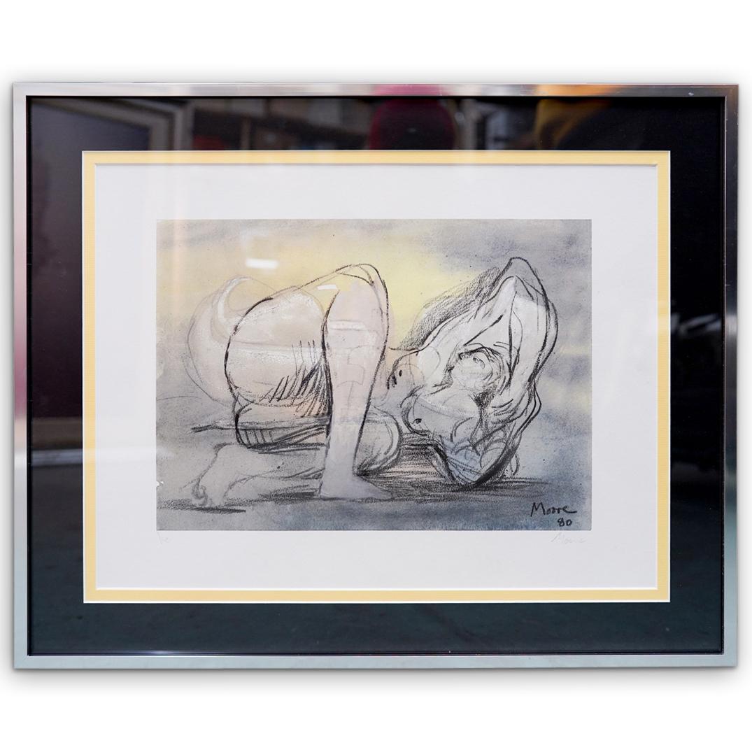 Henry Moore (1898-1986)" Reclining Nude Figure": DESCRIPTION: Henry Moore signed lithograph in color. Titled: "Reclining Nude Figure" pencil signed lower right "Moore" Mounted in a modern polished steel frame. Provenance: Invoice from the "Thomas Du