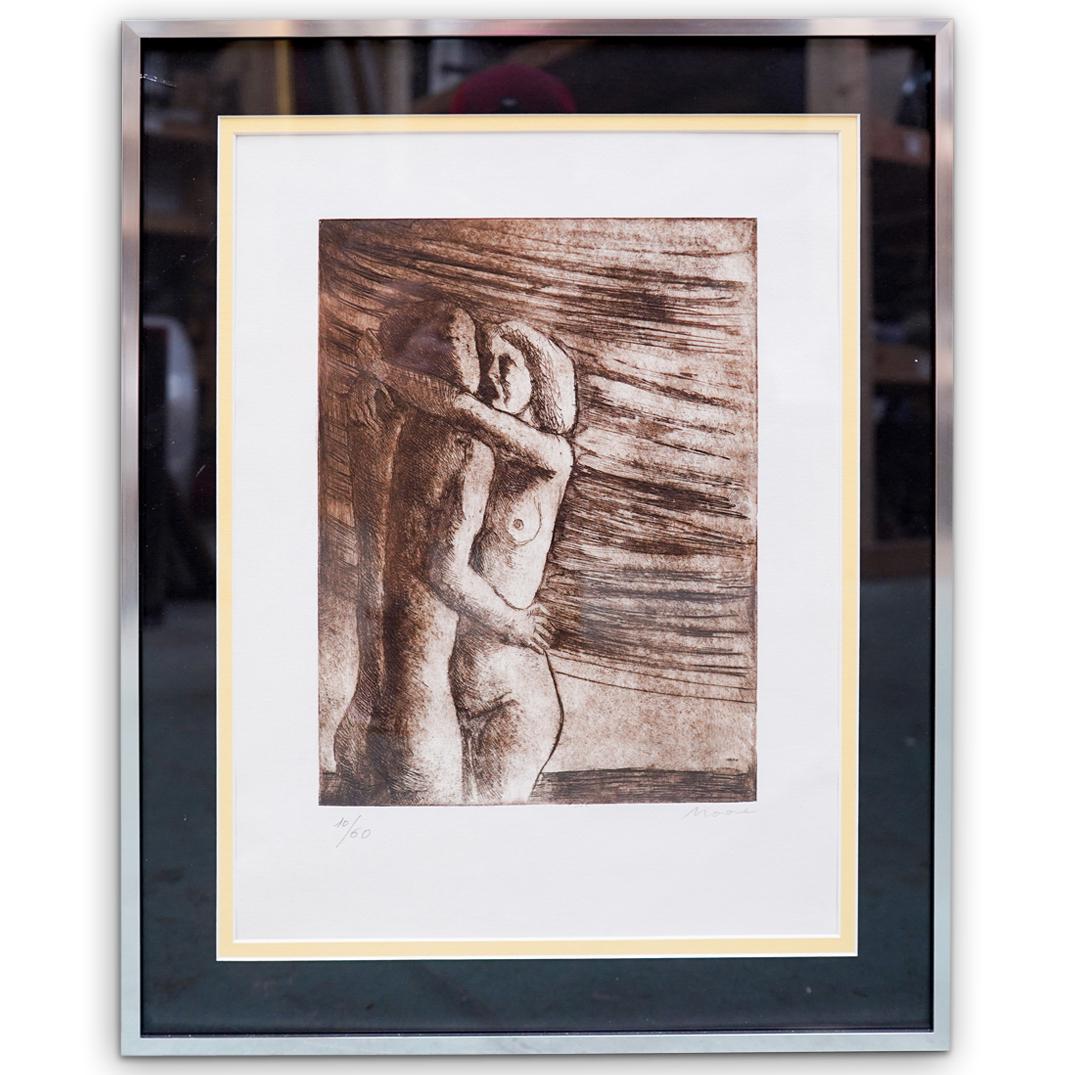 Henry Moore (1898-1986) "Nude Couple" Lithograph: DESCRIPTION: Henry Moore signed lithograph in color. Titled: "Nude Couple" pencil signed lower right "Moore", Numbered "40/60" lower left. Mounted in a modern polished steel frame. Provenance: Invoice