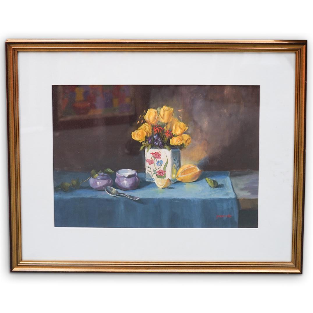 Still Life Oil on Paper: DESCRIPTION: Still Life Oil on Paper depicting a vase with yellow flowers surrounded by lemons. Signed "Jane Cole" CIRCA: 20th Ct DIMENSIONS:H:24 W:20" (Framed) CONDITION: Great condition. See lot des
