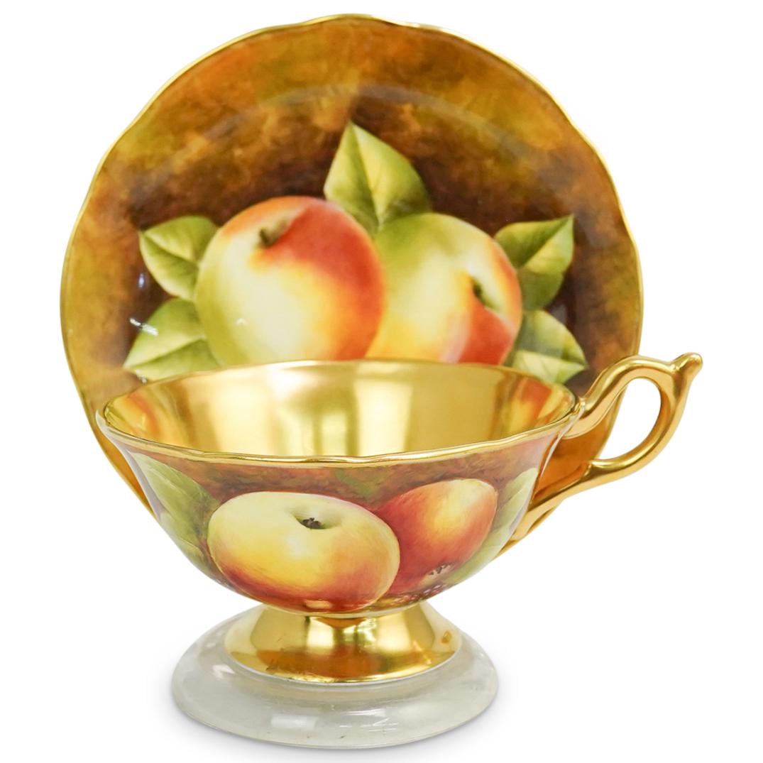 Coal Port "Pinter" Signed Tea Cup: DESCRIPTION: A "Coalport" porcelain tea cup and saucer featuring hand painted fruit motifs. Signed "M. Pinter" along cup. Marked "Coal Port, Made In England Est. 1750, Hand Painted By "MANFRED PINTER"