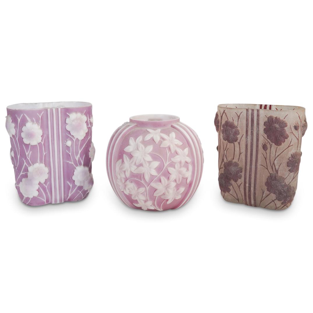 (3 Pc) Relief Floral Motif Glass Vases (1 of 4)