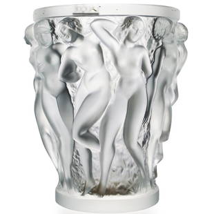 Lalique Crystal 'Bacchantes' Vase: DESCRIPTION: A Lalique Crystal 'Bacchantes' Vase. The cylindrical body moulded with a continuous scene of dancing maidens, completed in a frosted finish. Inscribed 'Lalique France'. CIRCA: 20th Cent.