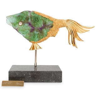 Daum "Eunice" Fish By Georges Braque: DESCRIPTION: Georges Braque Daum "Eunice" fish sculpture. Features a limited edition signed and numbered sculpture depicting a fish with gilt bronze accents. Incised signature at glass "Daum, France,